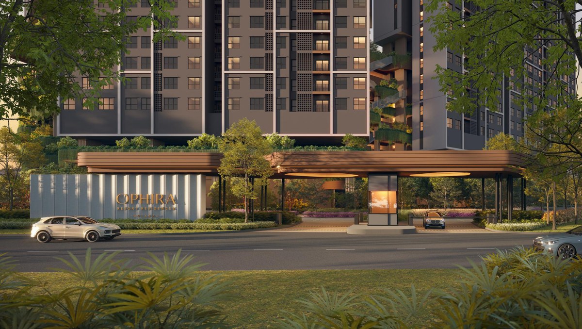 Landscaped entrance with a broad canopy