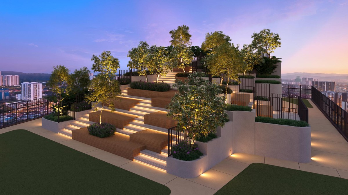 Terraced seating and planting in an illustrated sky garden at dusk