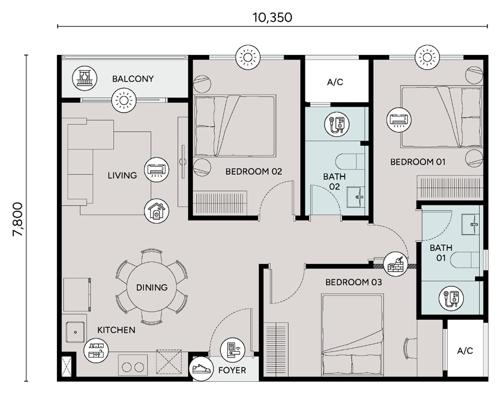 Type C2 · 3 bedrooms · 2 bathrooms