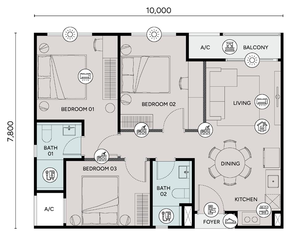 Type C3 · 3 bedrooms · 2 bathrooms